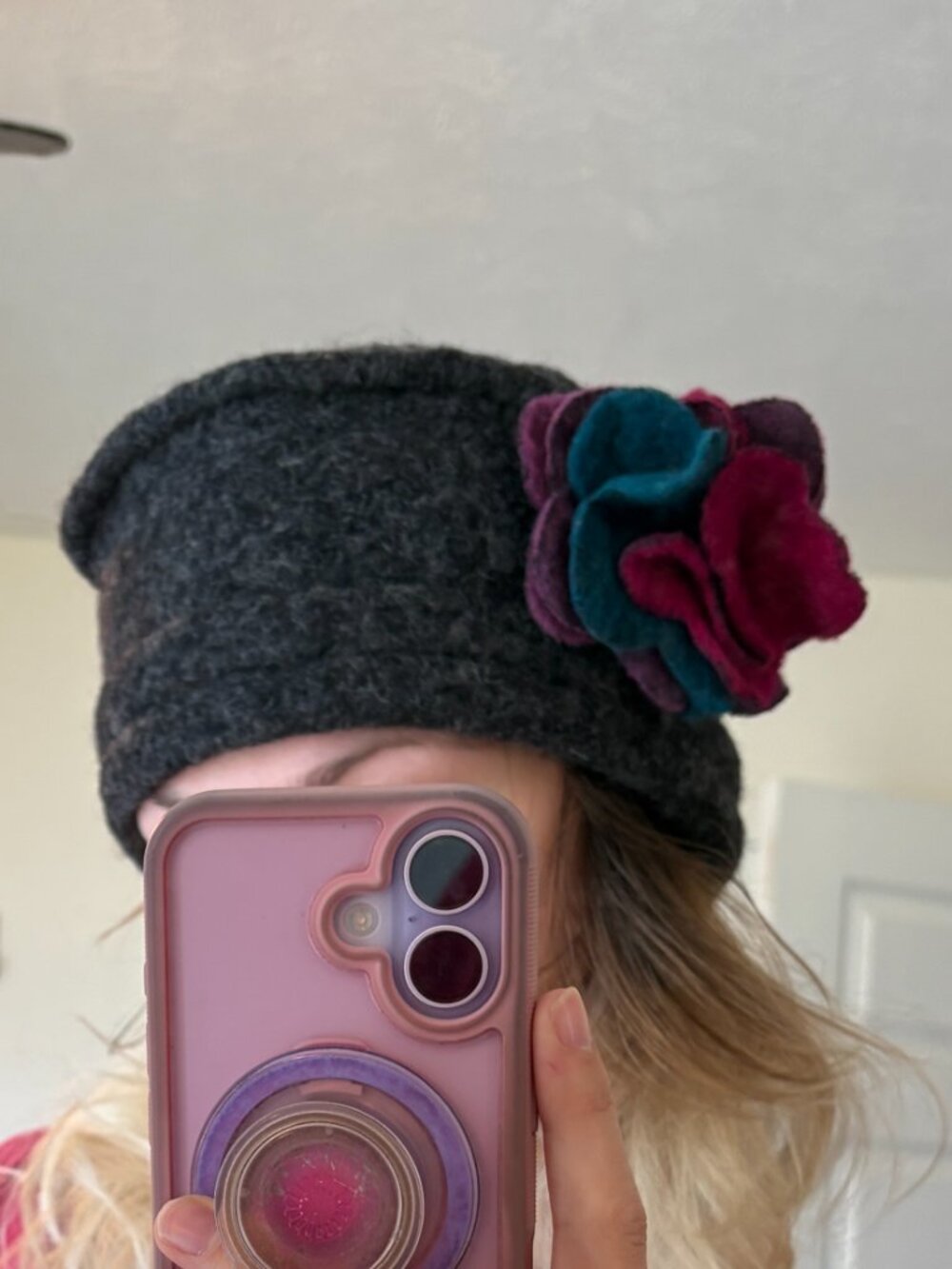 NEW Lafenice Florence Italy Grey Wool Cloche Hat Flower Accent Tuscan Artisanal